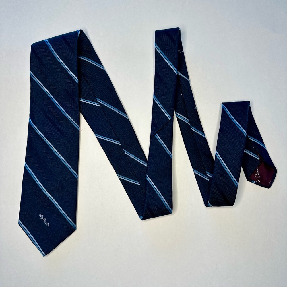 Vintage OLEG CASSINI Blue Embroidered Brand, Striped Classic Tie, 3” - Picture 2 of 7